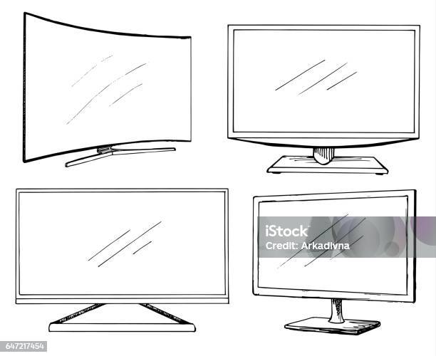 Sketch Tv Set Isolated On A White Background Monitor Vector Illustration Stock Illustration - Download Image Now