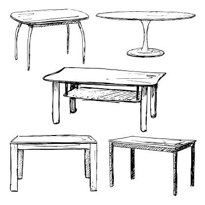Sketch set isolated furniture. Different  tables. Linear black tables on a white background. Vector illustration.