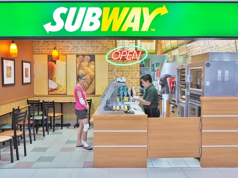 Bangkok, Thailand - June 5,2016: SUBWAY restaurant at Don Mueang International Airport in Bangkok. SUBWAY brand is the world's largest submarine sandwich chain with more than 44,000 locations.
