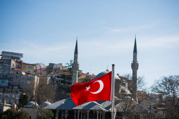 istock Turkish national flag  with a minaret behind 647228686