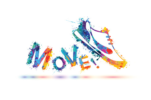 Move! Vector sign. Sport shoe - sneakers. Splash paint