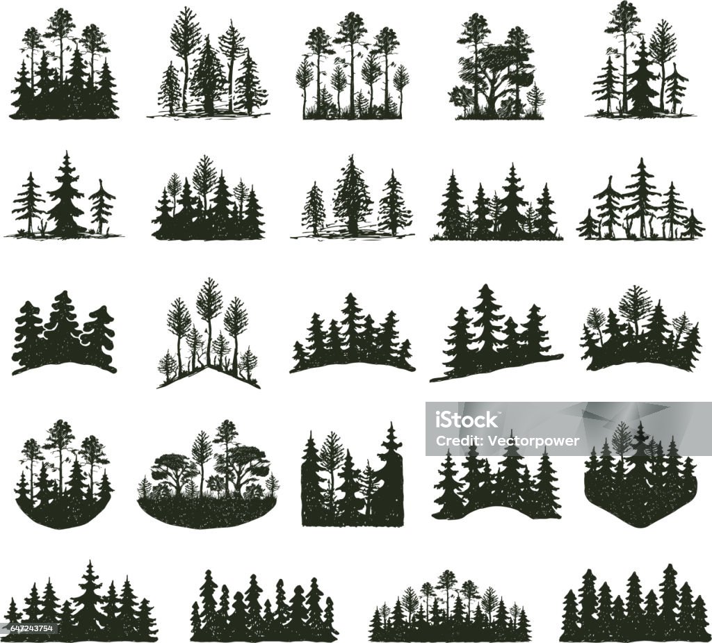 Tree outdoor travel black silhouette Tree outdoor travel black silhouette coniferous natural badges, tops pine spruce branch cedar and plant leaf abstract stem drawing vector illustration. Panorama scene horizon decoration. Forest stock vector