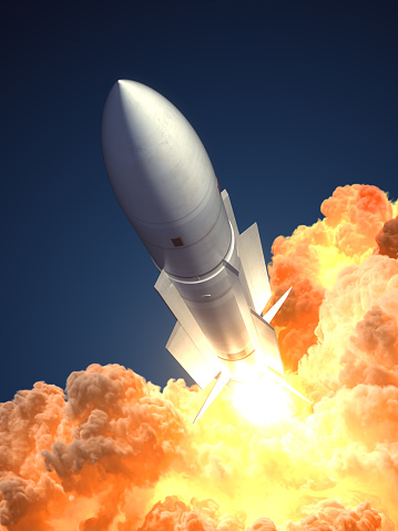 Rocket launch In The Clouds Of Fire. 3D Illustration.