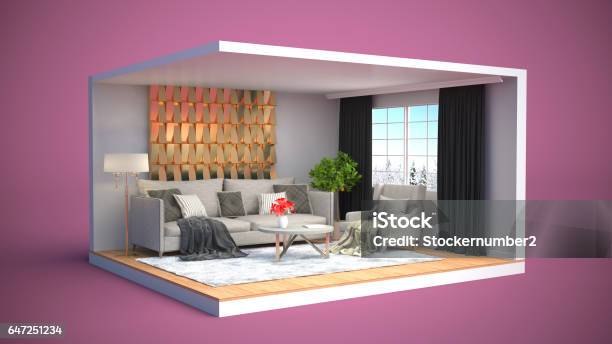 Interior With Sofa 3d Illustration Stock Photo - Download Image Now - Apartment, Armchair, Brown