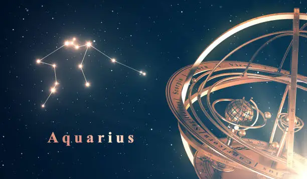 Zodiac Constellation Aquarius And Armillary Sphere Over Blue Background. 3D Illustration.