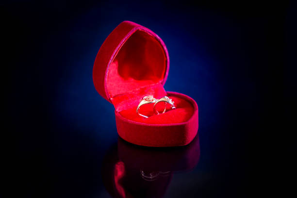 gold earrings stud  in red box isolated.