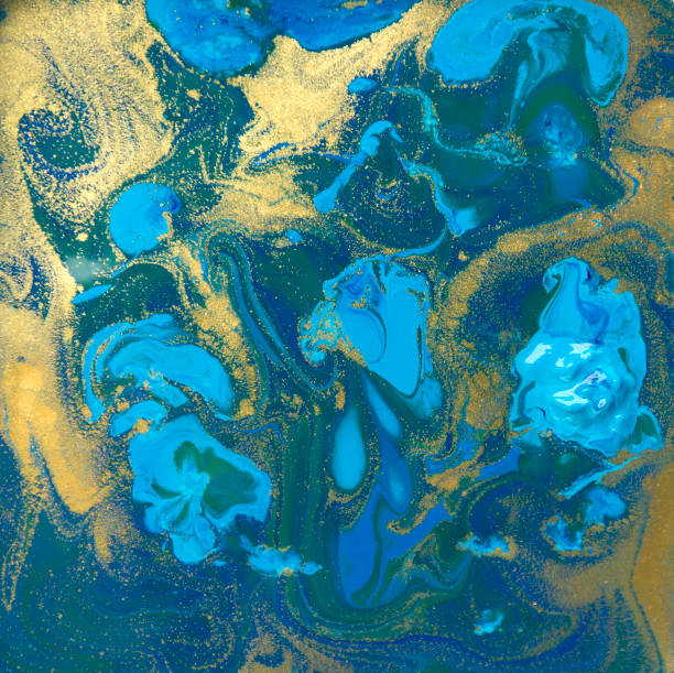 istock Blue and gold liquid texture. Hand drawn marbling background. Ink marble abstract pattern 647270176