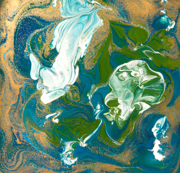 istock Blue, green and gold liquid texture. Hand drawn marbling background. Ink marble abstract pattern 647270580