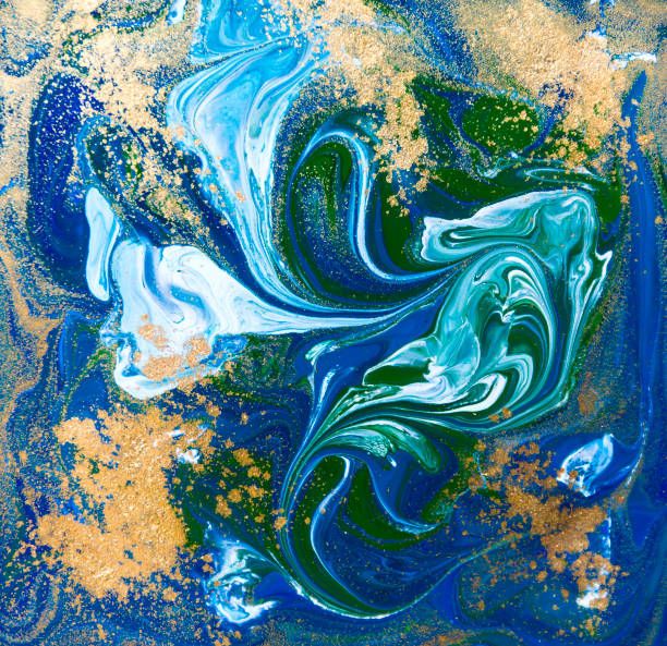 istock Blue, green and gold liquid texture. Hand drawn marbling background. Ink marble abstract pattern 647270642