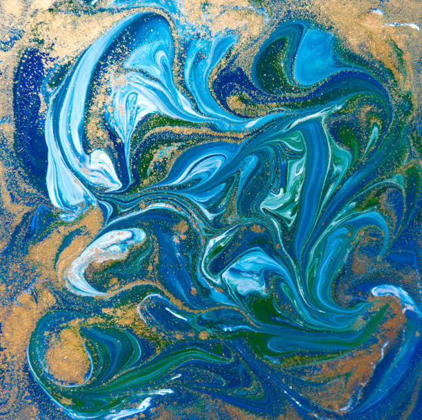 istock Blue, green and gold liquid texture. Hand drawn marbling background. Ink marble abstract pattern 647272746