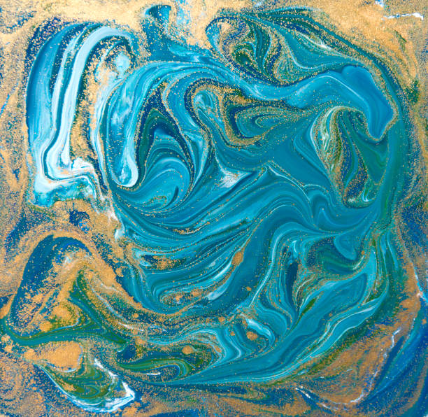 istock Blue, green and gold liquid texture. Hand drawn marbling background. Ink marble abstract pattern 647272788