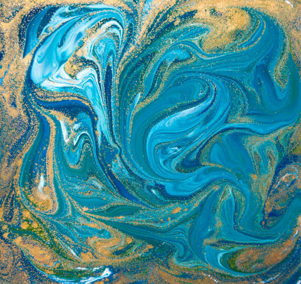 istock Blue, green and gold liquid texture. Hand drawn marbling background. Ink marble abstract pattern 647272834