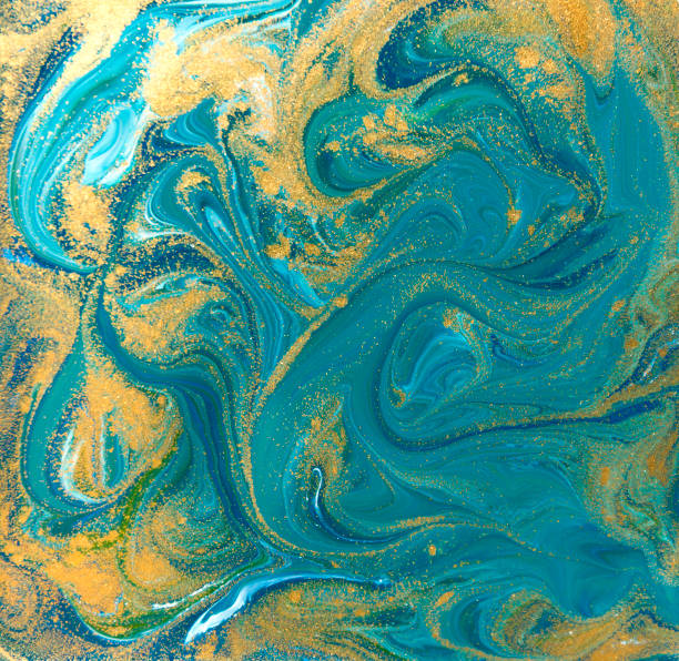 istock Blue, green and gold liquid texture. Hand drawn marbling background. Ink marble abstract pattern 647272878