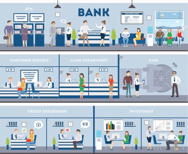 ilustraciones, imágenes clip art, dibujos animados e iconos de stock de interior del banco con los visitantes y trabajadores. - bank bank teller customer banking