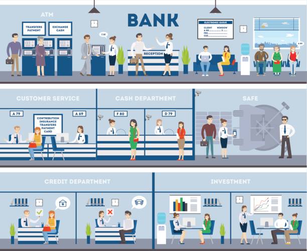 ilustrações de stock, clip art, desenhos animados e ícones de bank interior set with visitors and workers. - bank bank teller customer banking