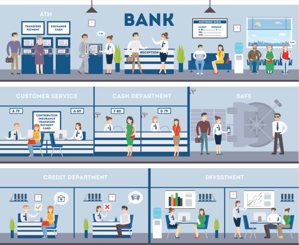 Bank interior set with visitors and workers. Bank interior set with visitors and workers. Reception, waiting room and atm. exchange teller stock illustrations