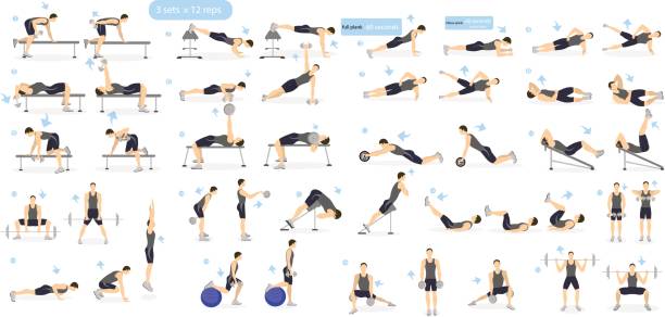 Workout man set. Workout man set. Male doing fitness and yoga exercises. Lunges and squats, plank and abc. Full body workout. practicing stock illustrations