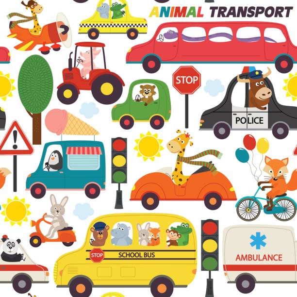 seamless pattern transports with animals seamless pattern transports with animals - vector illustration, eps ursus tractor stock illustrations