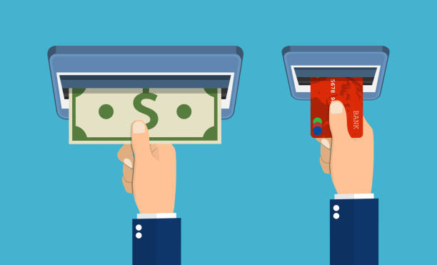 ilustraciones, imágenes clip art, dibujos animados e iconos de stock de concepto de uso terminal de atm. - cajero automático