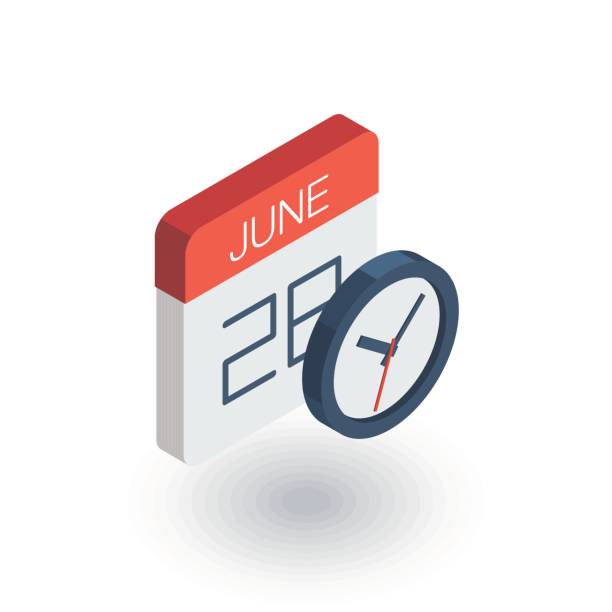 날짜 및 시간, 달력 및 시계 등각 투영 평면 아이콘. 3 차원 벡터 - calendar personal organizer clock diary stock illustrations