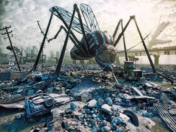 Giant insects destroy the city. 3D concept