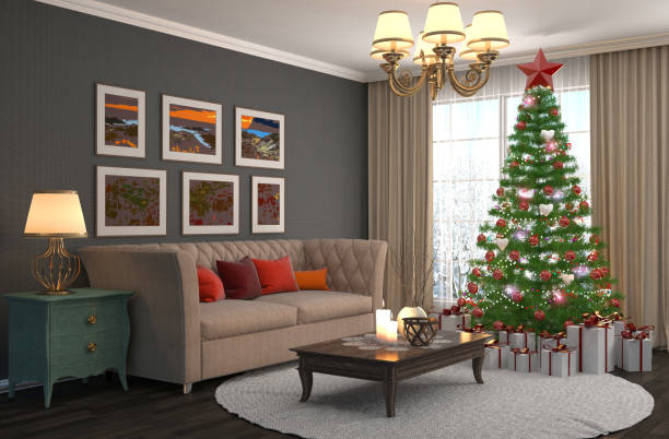 istock Christmas tree with decorations in the living room. 3d illustration 647301648