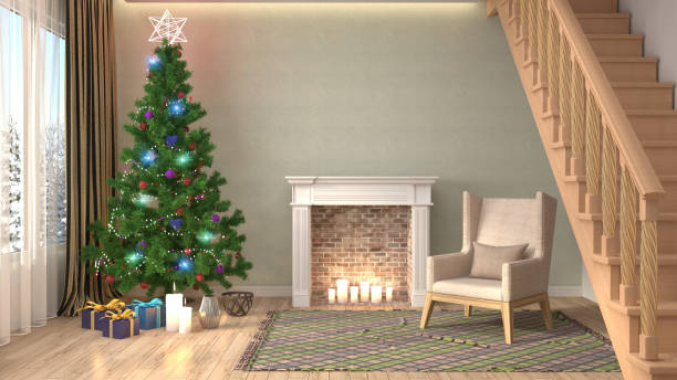 istock Christmas tree with decorations in the living room. 3d illustration 647301722