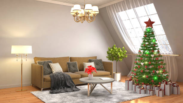 istock Christmas tree with decorations in the living room. 3d illustration 647301810