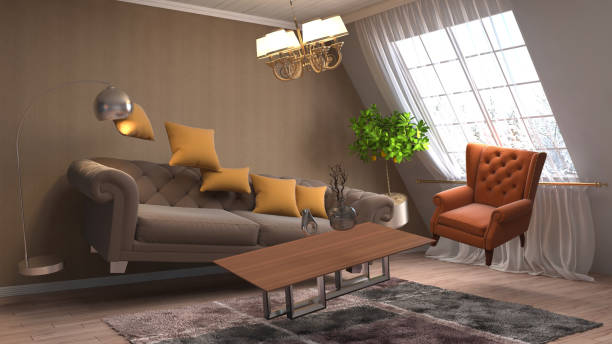 istock Zero Gravity furniture hovering in living room. 3D Illustration 647301826