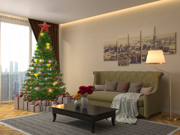 istock Christmas tree with decorations in the living room. 3d illustration 647301878