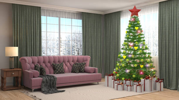 istock Christmas tree with decorations in the living room. 3d illustration 647301888