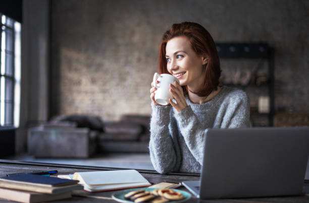 istock Young woman working in a loft apartment with a laptop computer 647301902