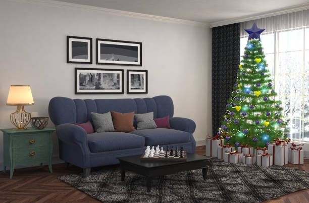 istock Christmas tree with decorations in the living room. 3d illustration 647301934