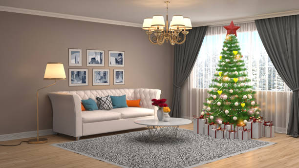 istock Christmas tree with decorations in the living room. 3d illustration 647301984
