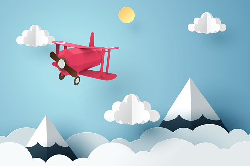 Paper art of pink plane flying in the sky, origami and travel day concept