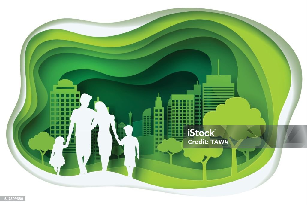 Paper carve to family and park on green town shape, paper art concept and ecology idea Paper carve to family and park on green town shape, paper art concept and ecology idea, vector art and illustration. Family stock vector