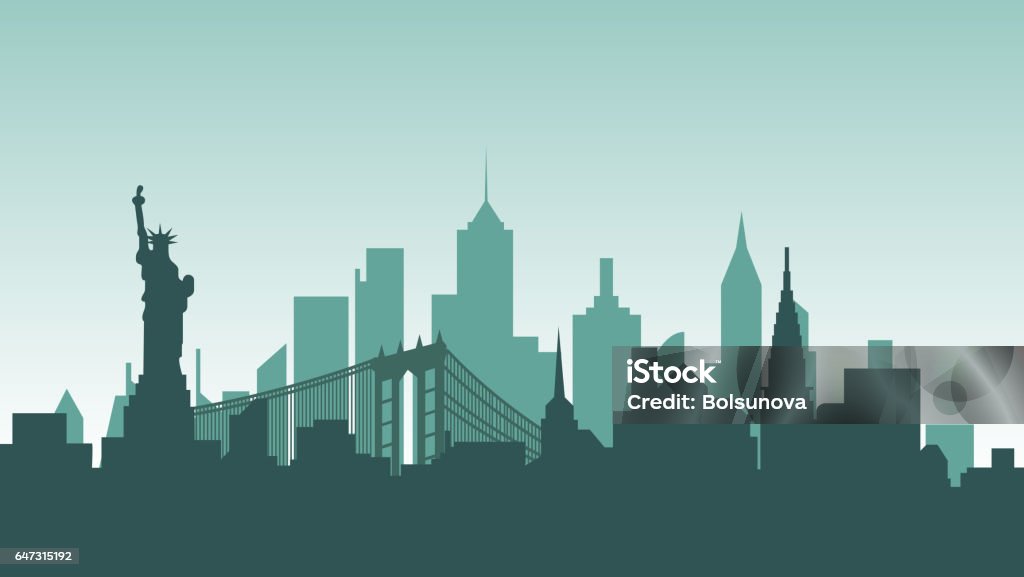 United States of America silhouette architecture buildings town city country travel Stock vector illustration background silhouette architecture buildings and monuments town city country travel USA, welcome New York, Statue of Liberty, United States of America, bridge, skyscrapers New York City stock vector
