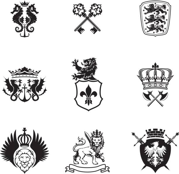Black silhouette mixed heraldry set A collection of nine heraldic symbols with lions and dragons, eagle and sea horse. Including shields, swords, axes, keys, crowns and wings. crown headwear illustrations stock illustrations