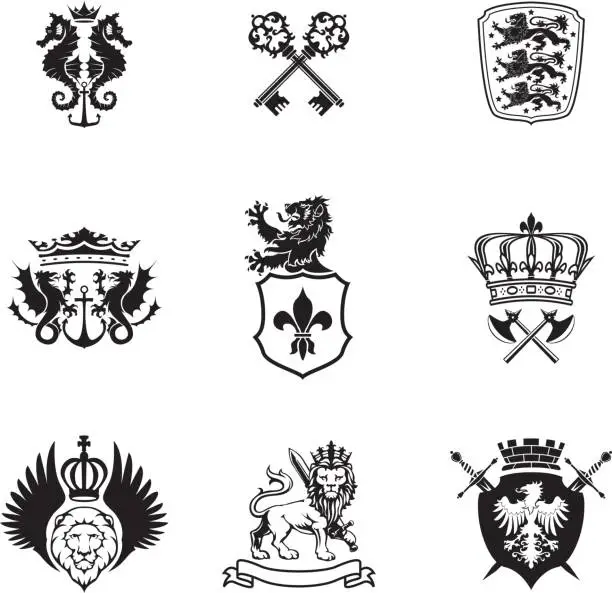 Vector illustration of Black silhouette mixed heraldry set