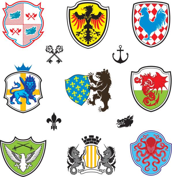 Color collection heraldry emblem Collection of nine colorful heraldry and four black and white symbols including boar's head and two crossed axes eagle on shield cock on a shield, lion with sword, shield with bear, dragon, an eagle with two swords, sea horses, octopus the boar fish stock illustrations