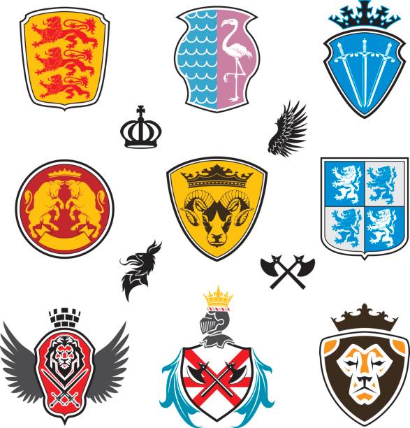 набор геральдики коллекции цветов - heraldic griffin sword crown stock illustrations