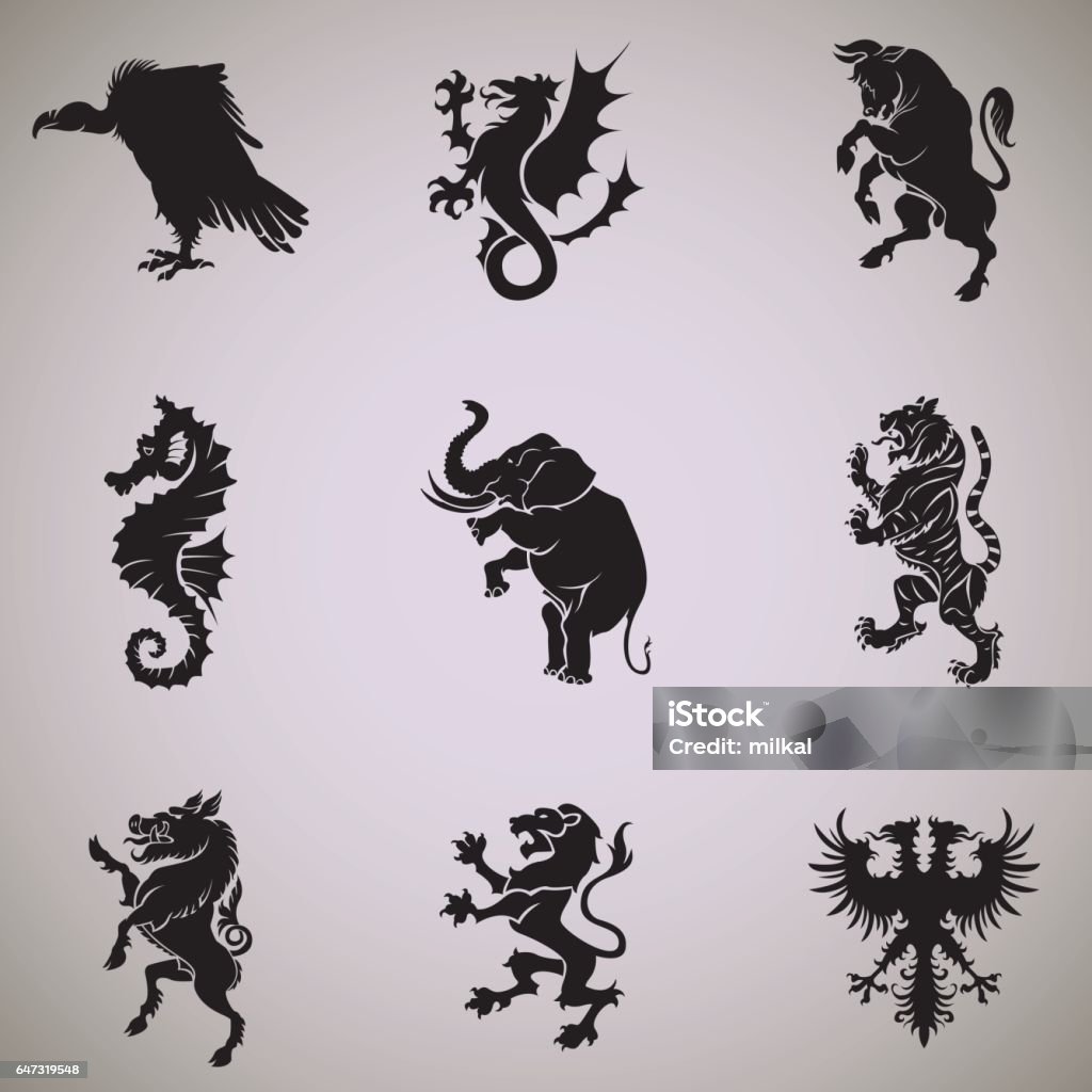 Mixed animal heraldry collection A collection of nine heraldic symbols black silhouettes in profile. From top left to right are ranked as follows vulture, dragon, bull, Coat Of Arms stock vector