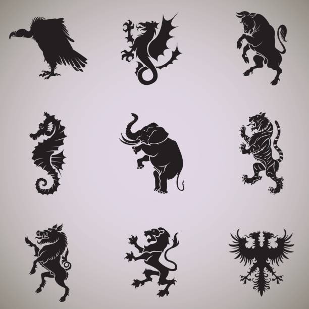 Mixed animal heraldry collection A collection of nine heraldic symbols black silhouettes in profile. From top left to right are ranked as follows vulture, dragon, bull, vulture stock illustrations