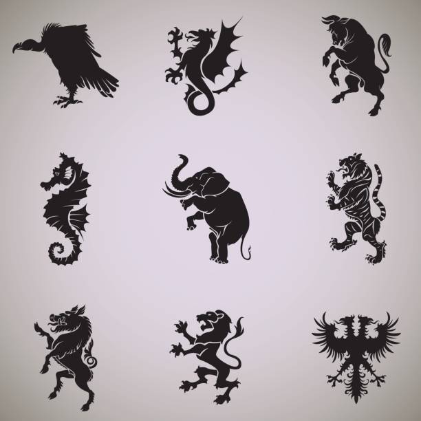 Mixed animal heraldry collection A collection of nine heraldic symbols black silhouettes in profile. From top left to right are ranked as follows vulture, dragon, bull, the boar fish stock illustrations