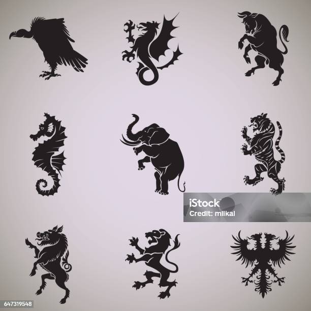 Mixed Animal Heraldry Collection Stock Illustration - Download Image Now - Coat Of Arms, Tiger, Bull - Animal