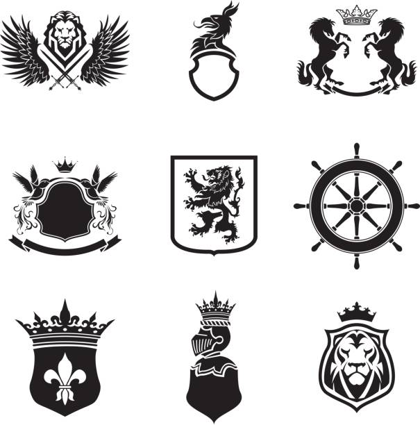 смешанный черный силуэт геральдики набор - heraldic griffin sword crown stock illustrations