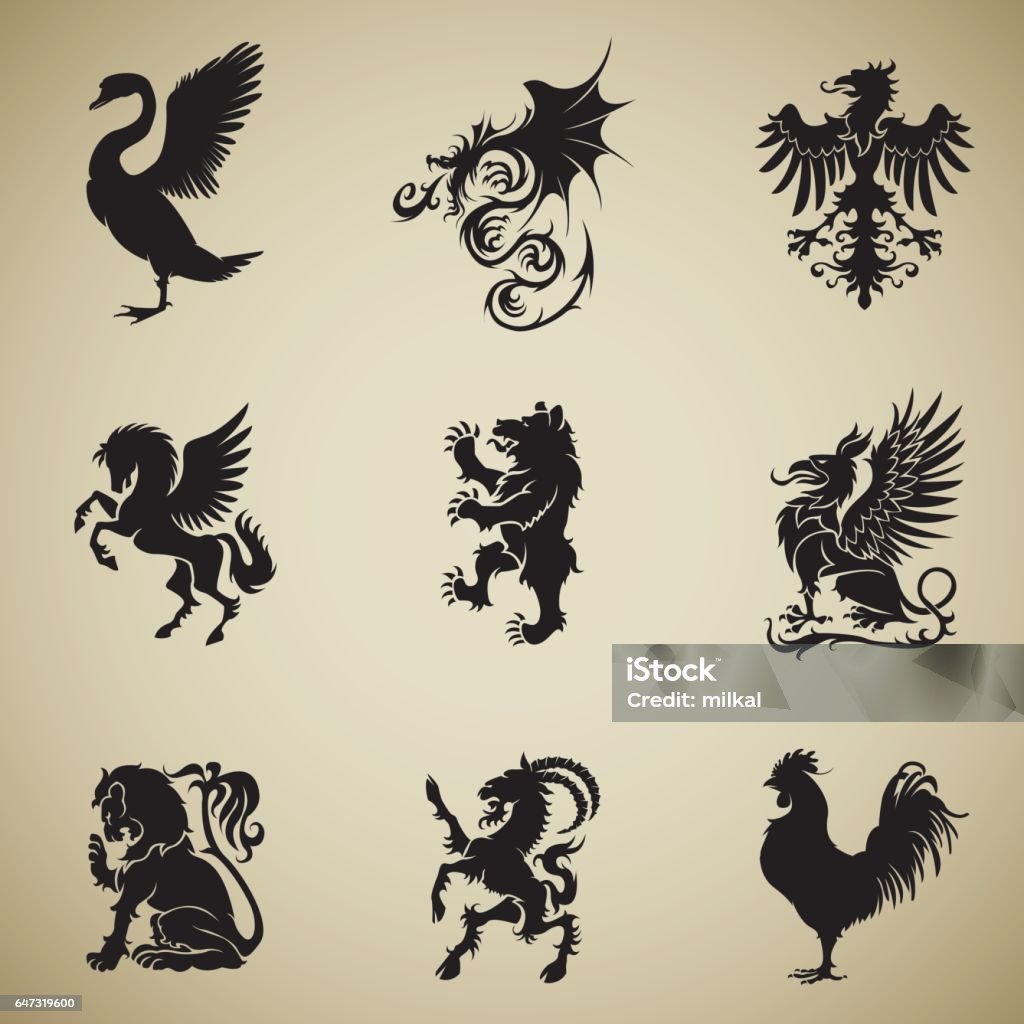 Mixed heraldry collection A collection of nine heraldic symbols black silhouettes in profile. From top left to right are ranked as the next swan, dragon, eagle, phoenix, bear, griffin, lion, goat, rooster Coat Of Arms stock vector