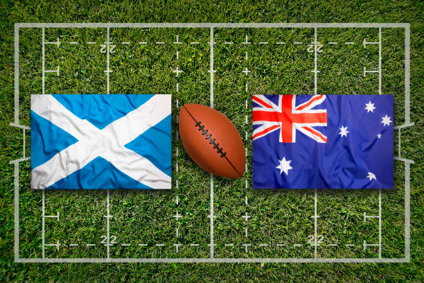 istock Scotland vs. Australia flags on rugby field 647324924