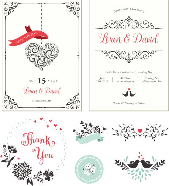 ilustraciones, imágenes clip art, dibujos animados e iconos de stock de boda set_01 - wedding invitation wedding greeting card heart shape