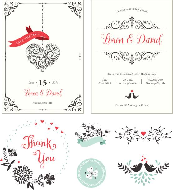 set_01 ślubne - wedding invitation wedding greeting card heart shape stock illustrations